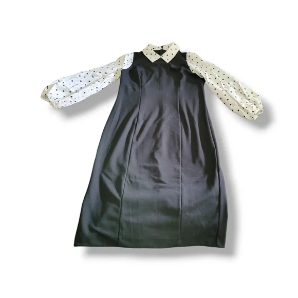 New York & Co | Black/White Polka Dot Puff Sleeve Midi Sheath Dress (SIZE M) - Picture 4 of 13